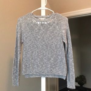 Grey, knit sweater with jewel neckline